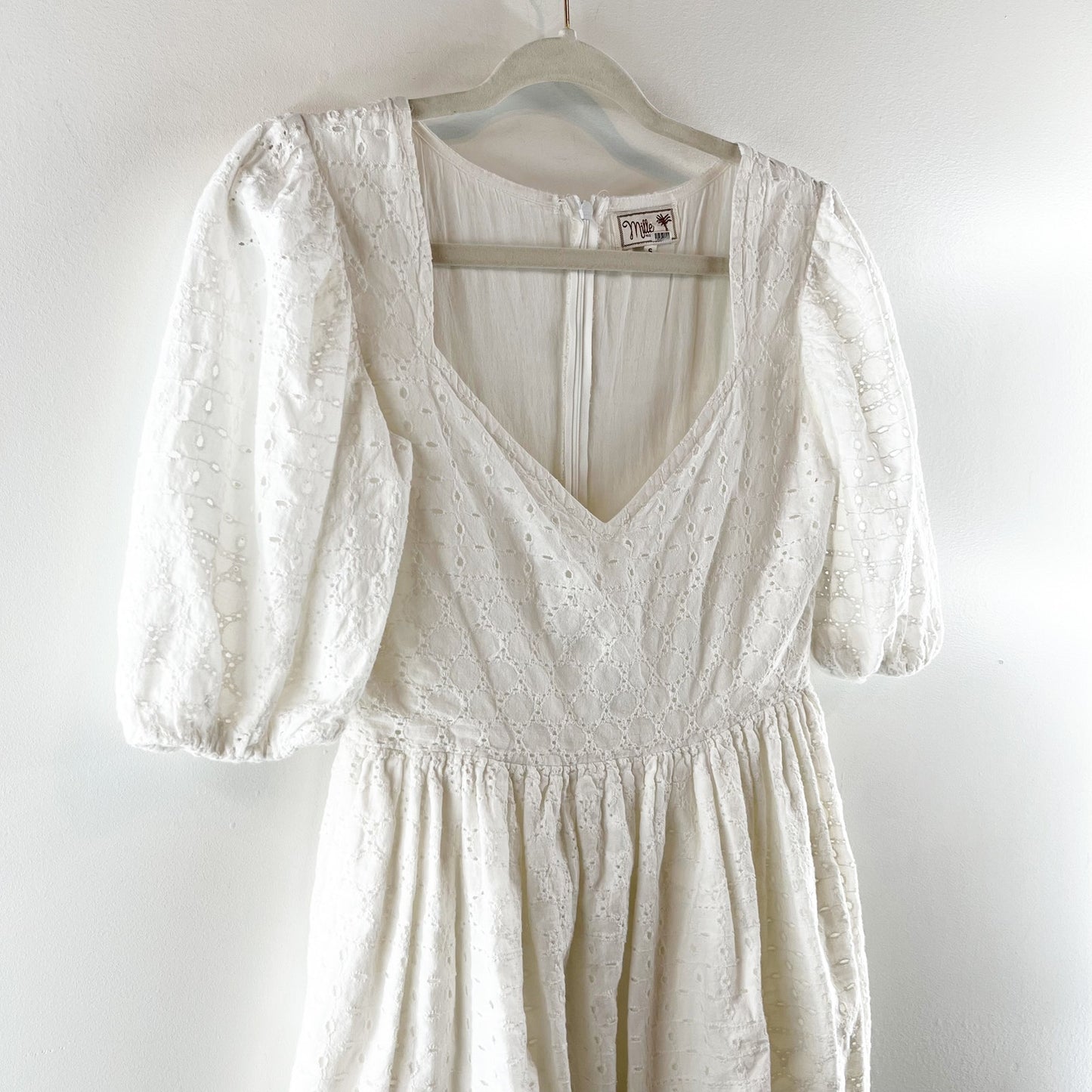 Mille Maja Short Puff Sleeve Eyelet Lace Maxi Dress in Pearl White Small