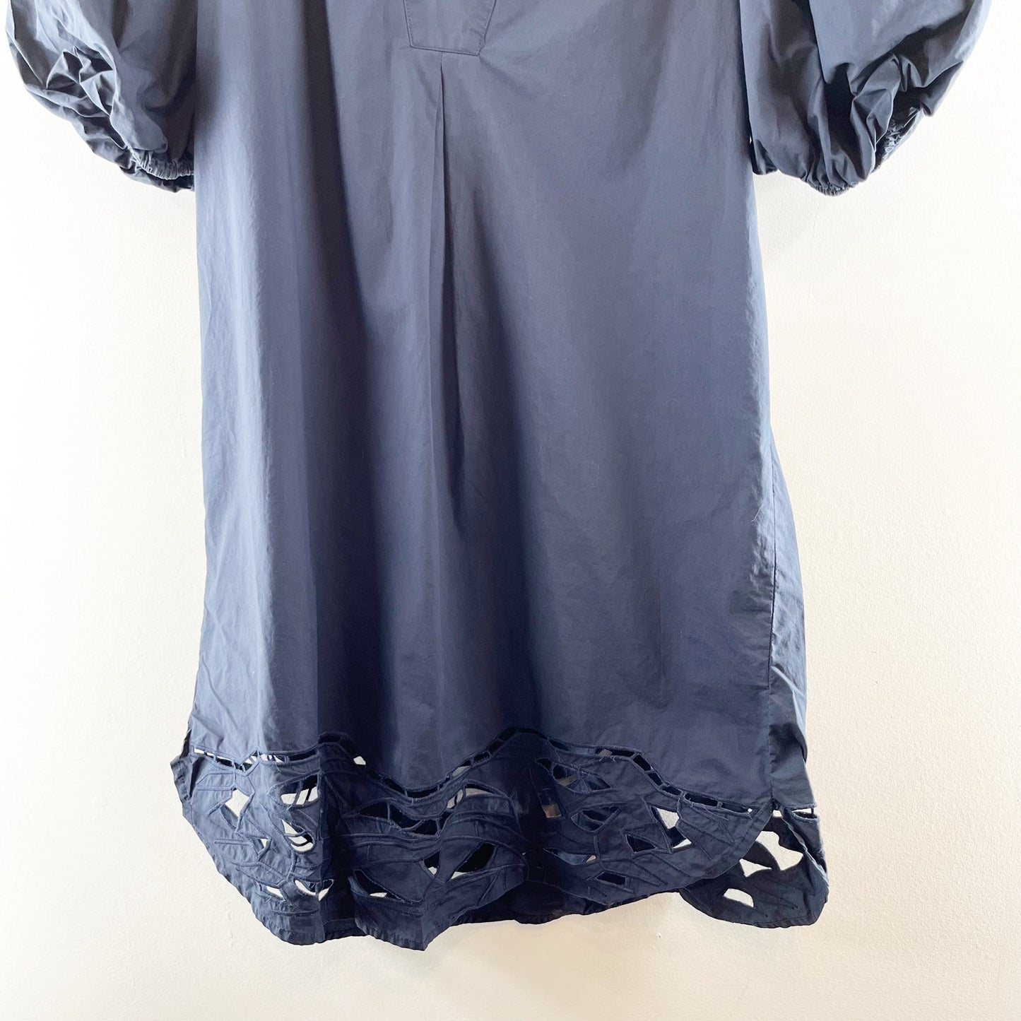 ForCynthia Puff Sleeve V Neck Tunic Cotton Poplin Mini Dress Navy Blue Large
