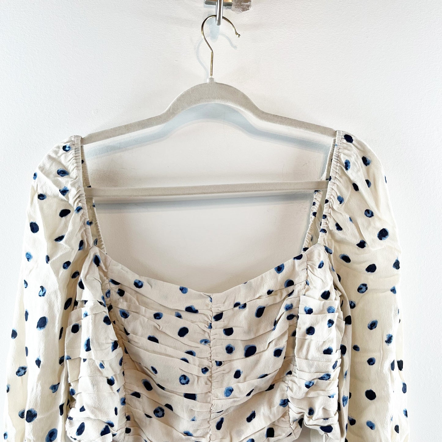 Wilfred Puff Sleeve Polka Dot Crop Lolita Blouse Birch Classic Navy Large NWT