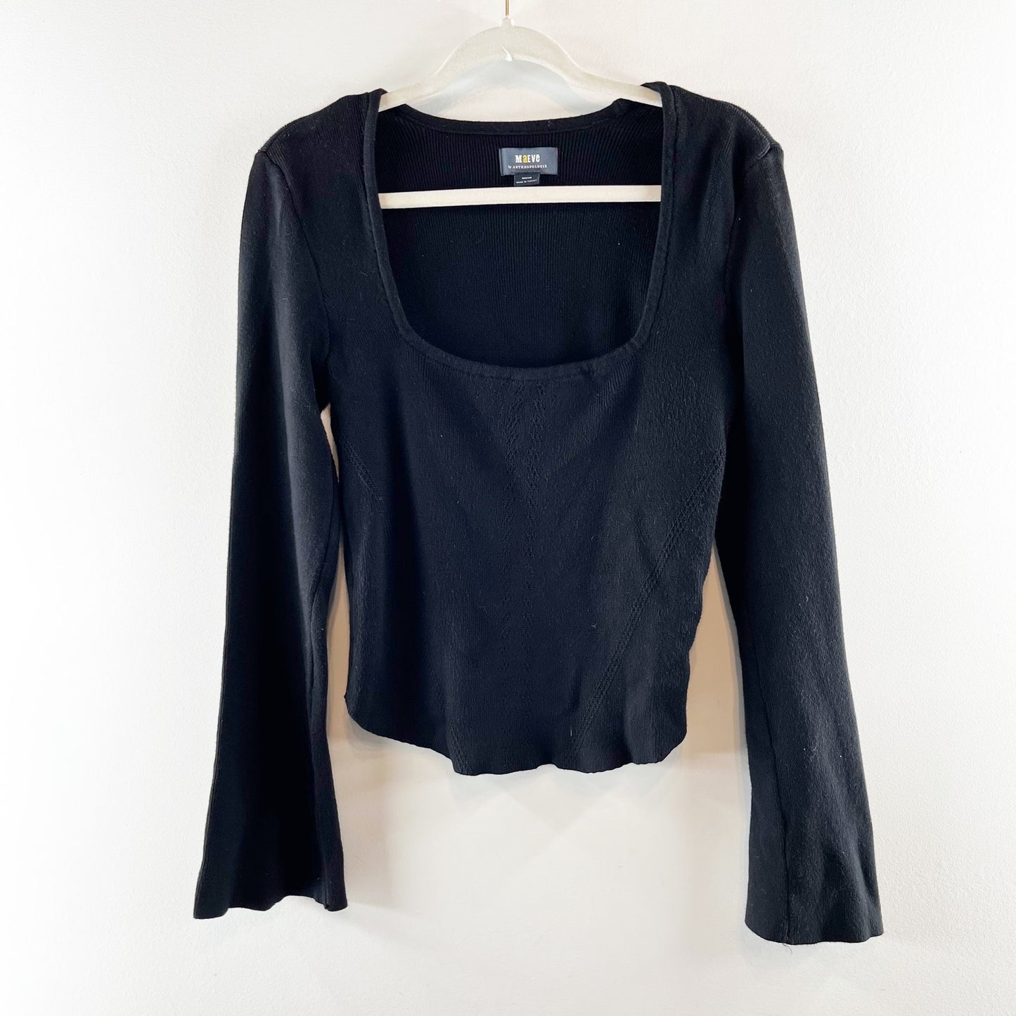 Maeve Anthropologie Square Neck Ribbed Bell Sleeve Sweater Black Medium