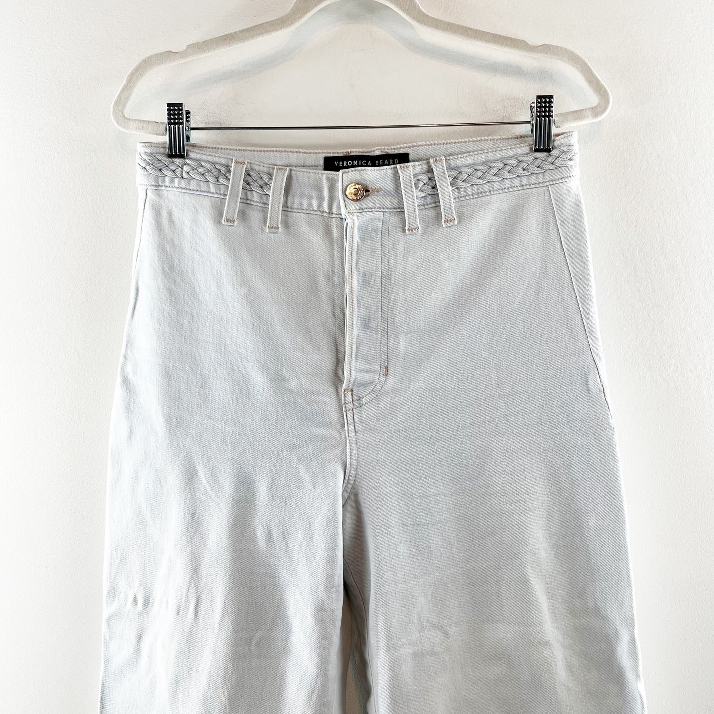 Veronica Beard Grant Braided Waist Extra High Rise Wide Leg Jeans Aspen Blue 10