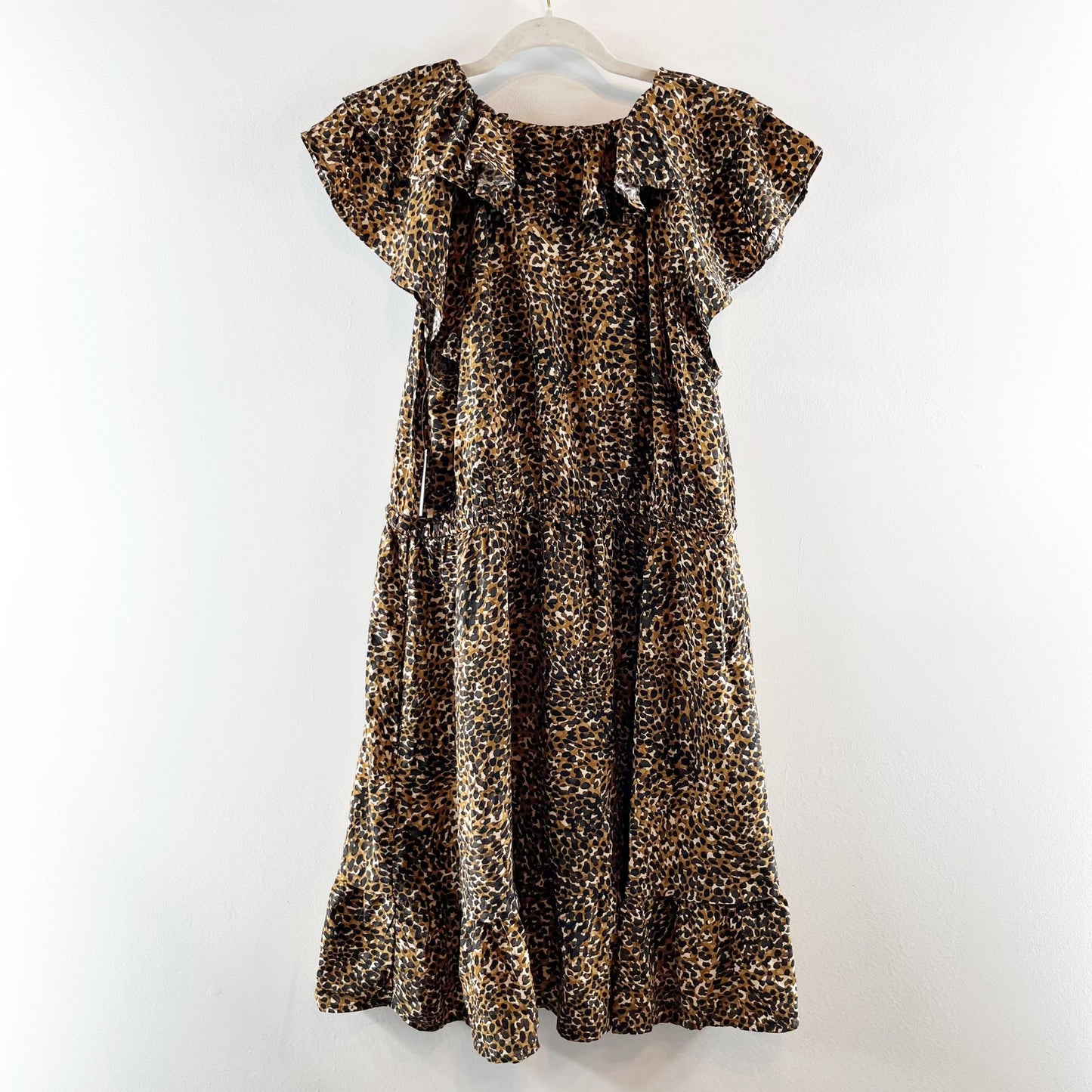 Old Navy Waist Defined Ruffle Trim Mini Dress Leopard Wild Spots Brown Large