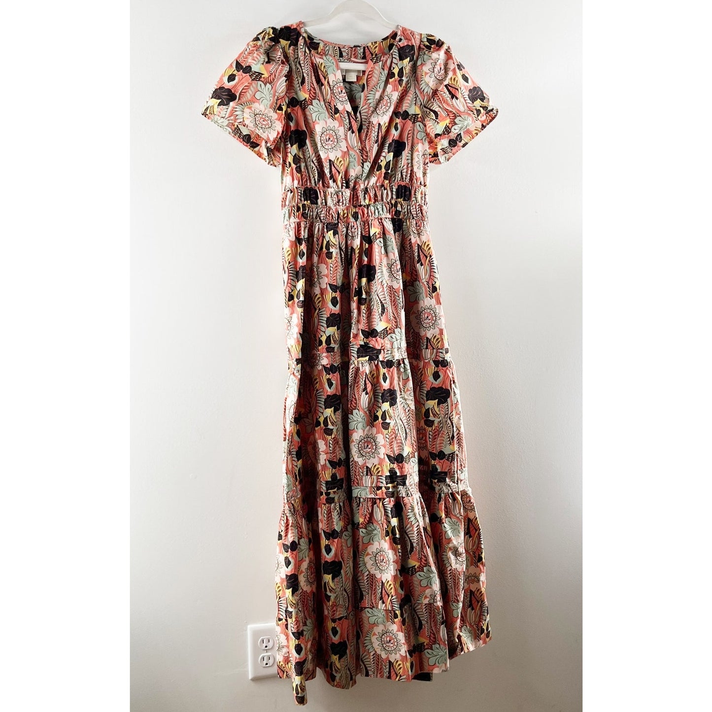 Maeve Anthropologie The Somerset Short Sleeve Cotton Maxi Dress Floral Brown XS