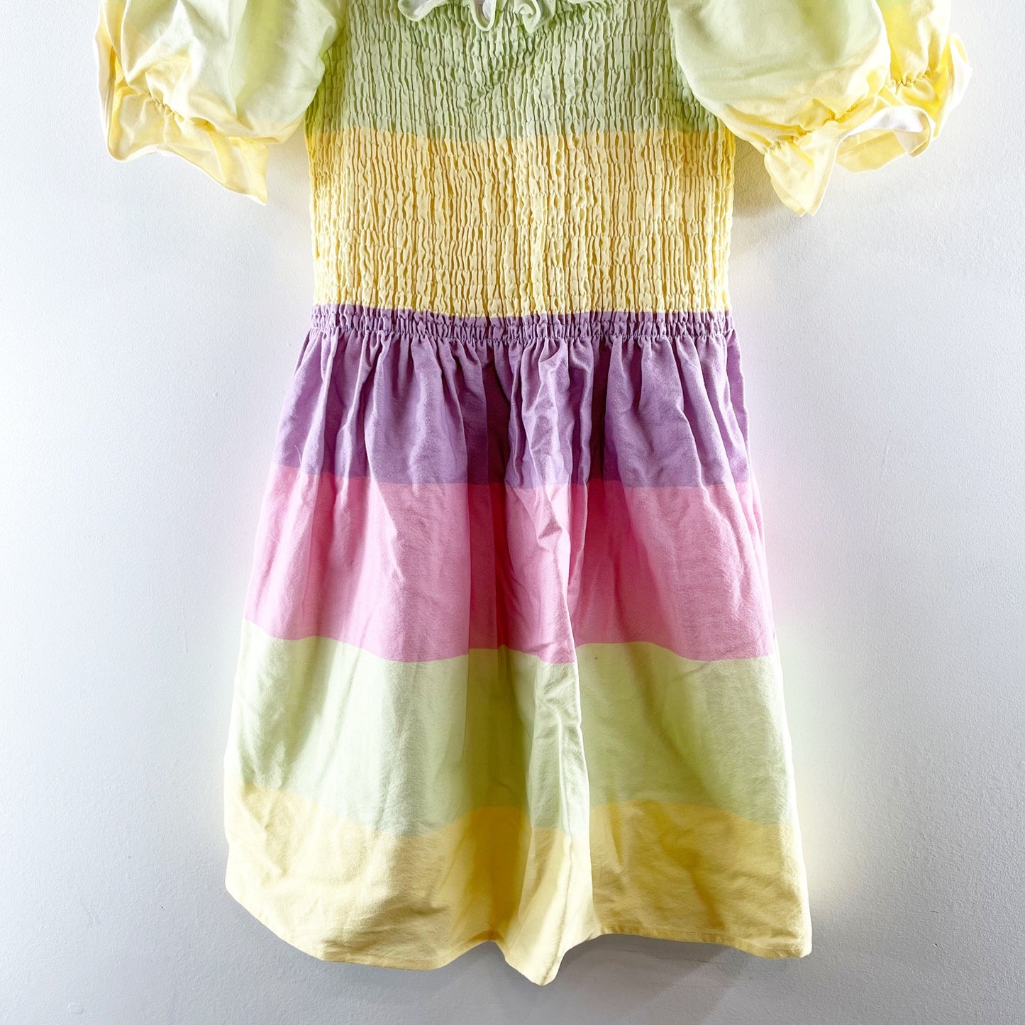 Olivia Rubin Emilie Striped Pastel Puff Sleeve Mini Dress Yellow Pink 2