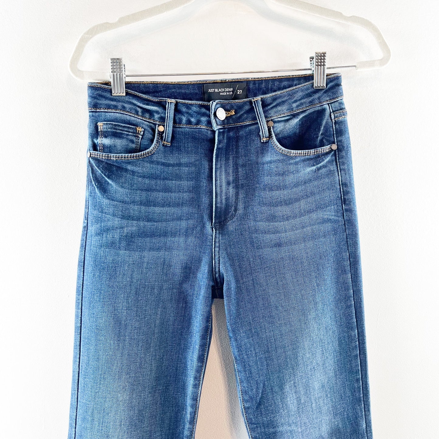 Just Black Denim The High Rise Fall Flare Raw Hem Dark Wash Jeans Blue 27