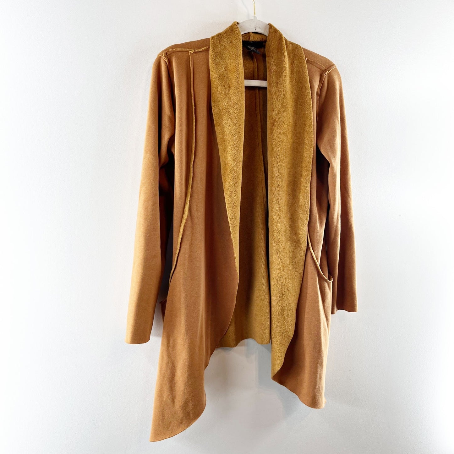 Rain and Rose Drape Front Long Sleeve Duster Cardigan Sweater Camel Mocha Small