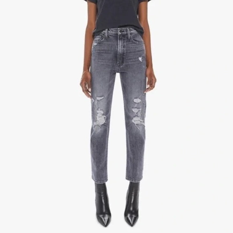 Mother High Waisted Rider Ankle Distressed Jeans After Midnight With Molly Black