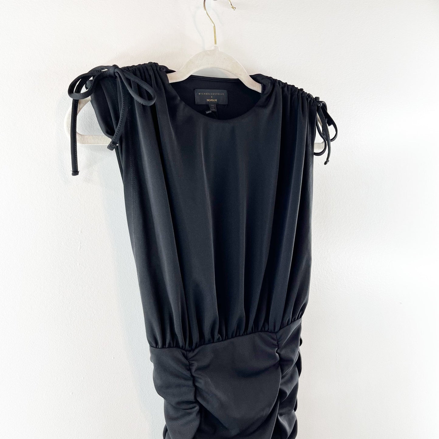 Michael Costello x Revolve Kirsten Ruched Tie Shoulder Mini Dress Black XXS