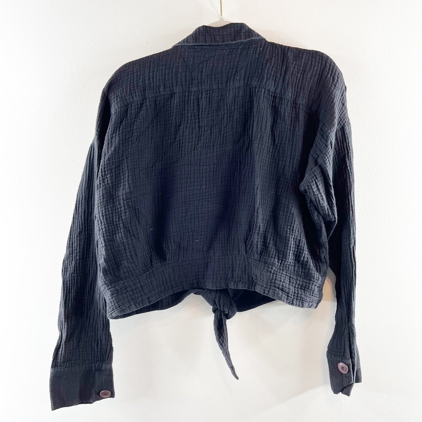 Free People Sun Streaks Long Sleeve Gauzy Cotton Button Up Shirt Black Medium