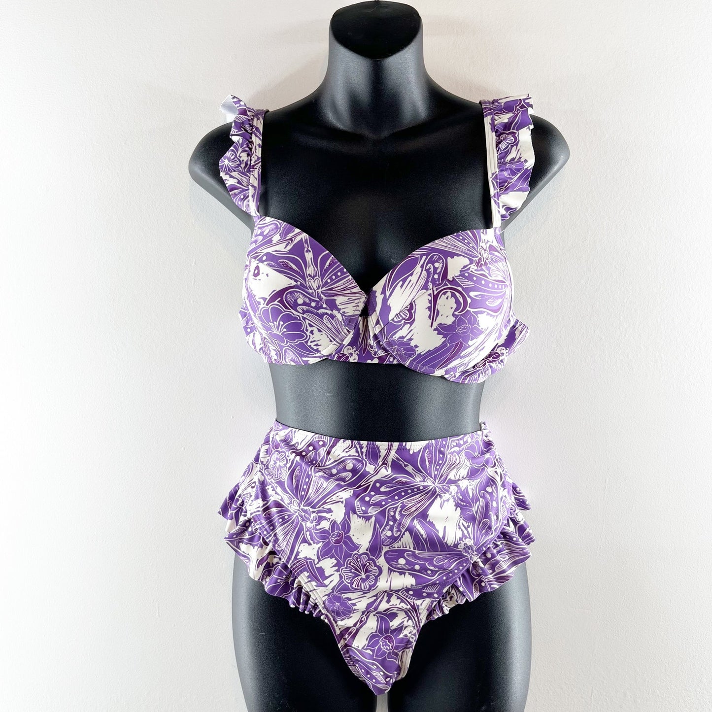 Floral Ruffle Strap High Rise Two Piece Bikini With Wrap Sarong Skirt Purple XL