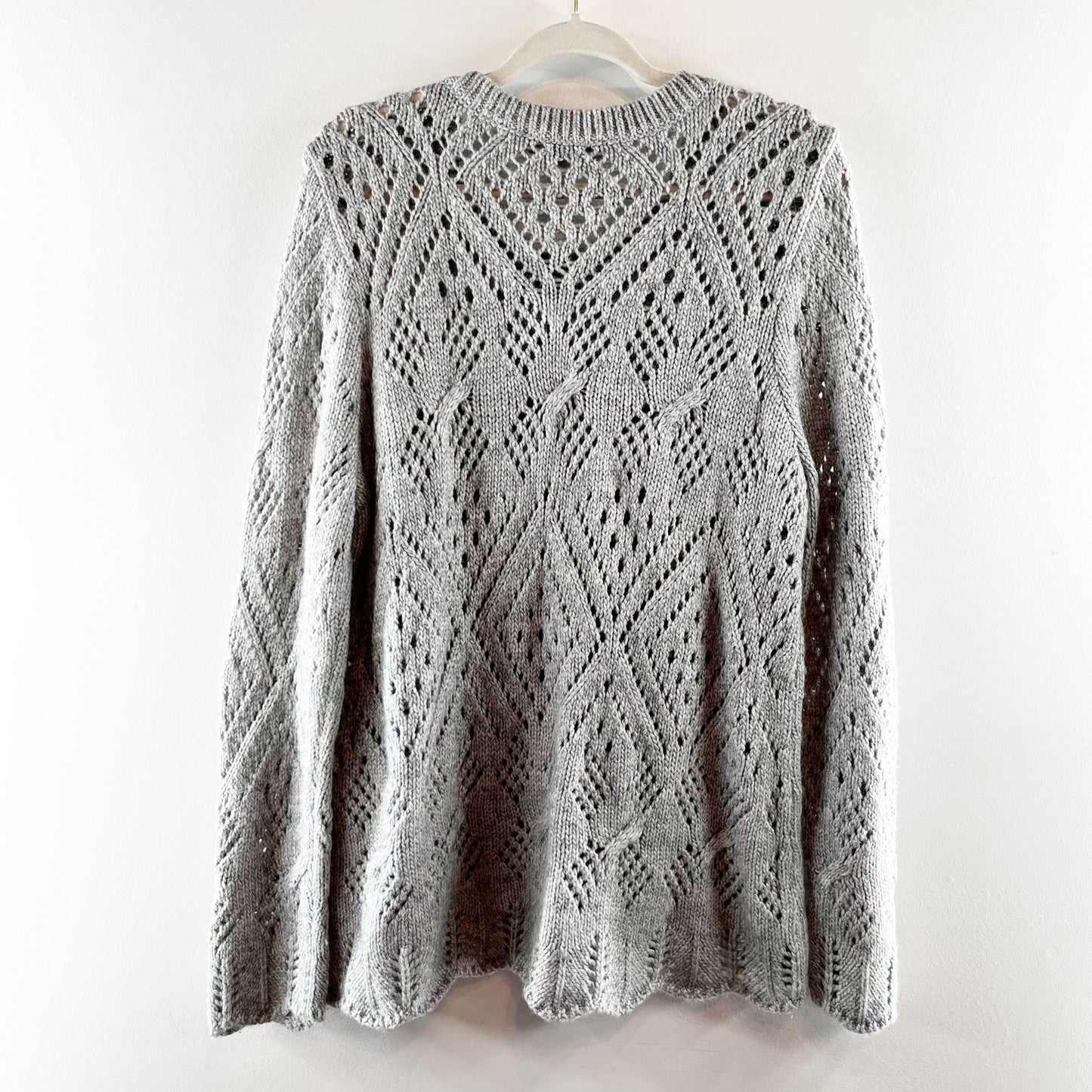 LOFT Pointelle Knit Long Sleeve Crewneck Sweater Gray Large