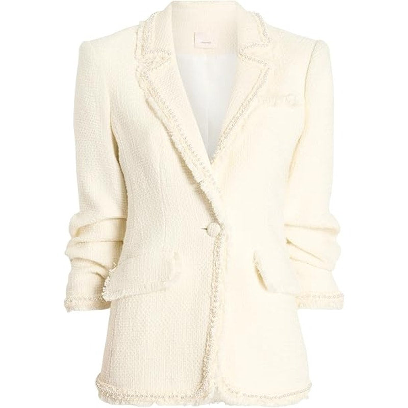Elie Tahari Tweed Fringe Single Button Ruched Sleeve Blazer Jacket Cream 8