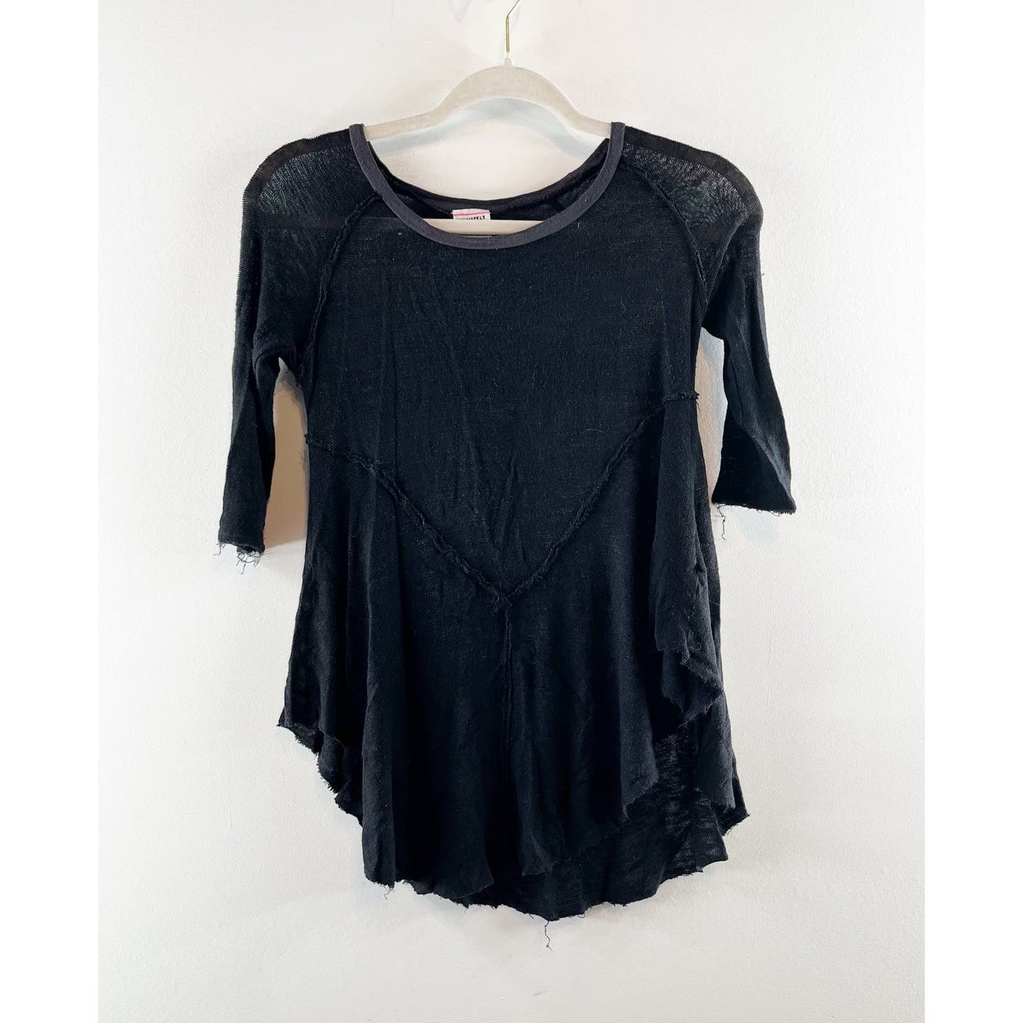 Free People Intimately Sheer Three Quarter Sleeve Weekend Layering Top Black XS