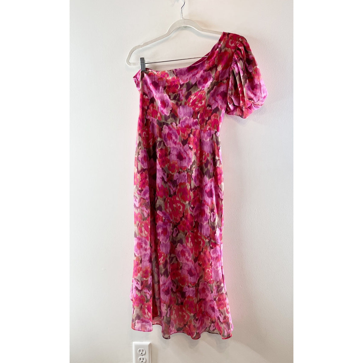 Showpo Clabelle One Puff Sleeve Asymmetrical Floral Midi Dress Pink 4