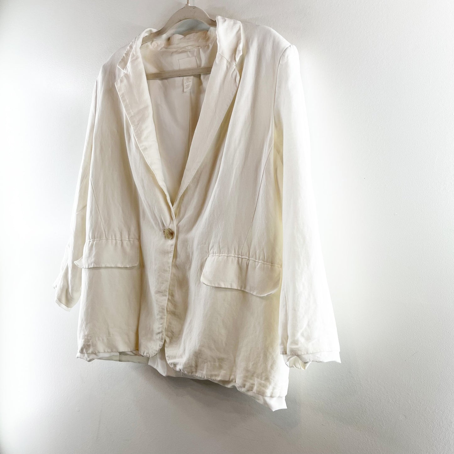 H&M Linen Blend Long Sleeve Notch Lapel Single Breasted Blazer White Large