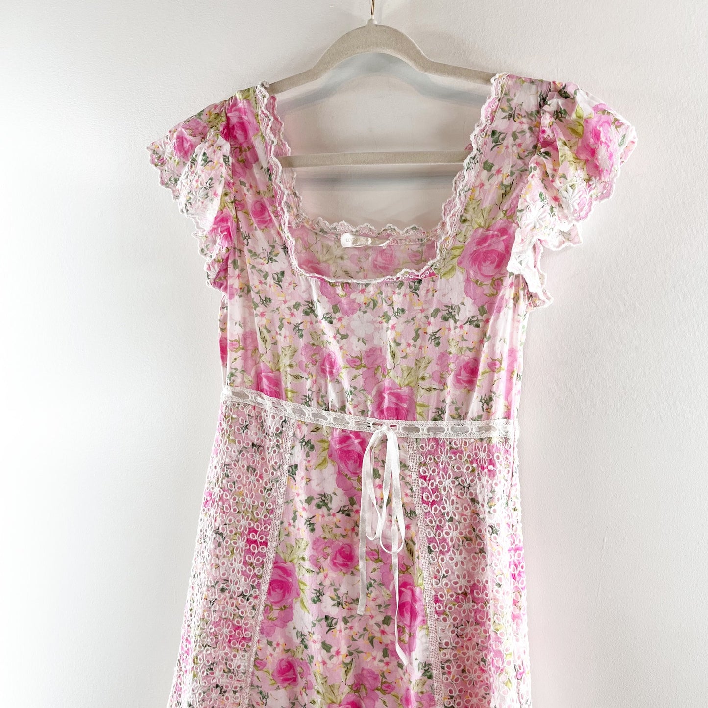LoveShackFancy Charles Floral Square Neck Short Sleeve Midi Dress Pink White 0