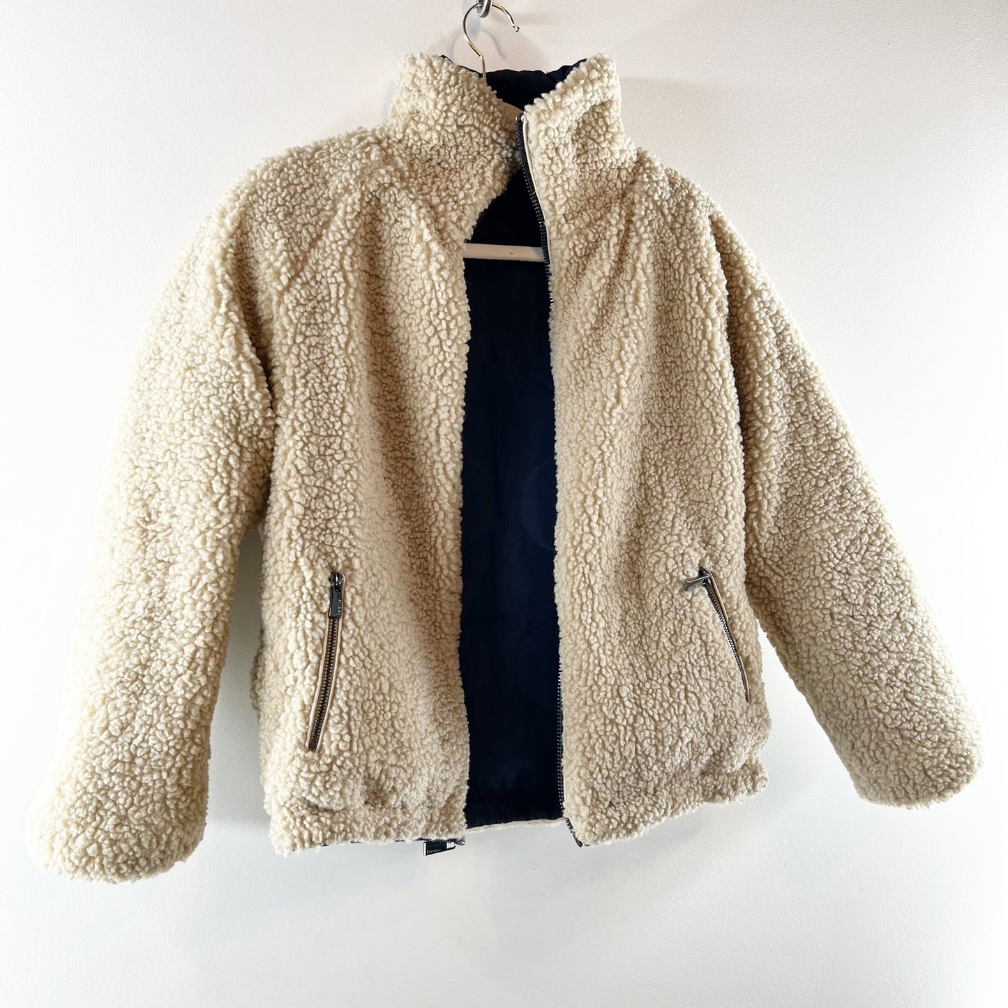 Berenice Mohana Reversible Sherpa Quilted Jacket Coat Navy Blue Tan Small