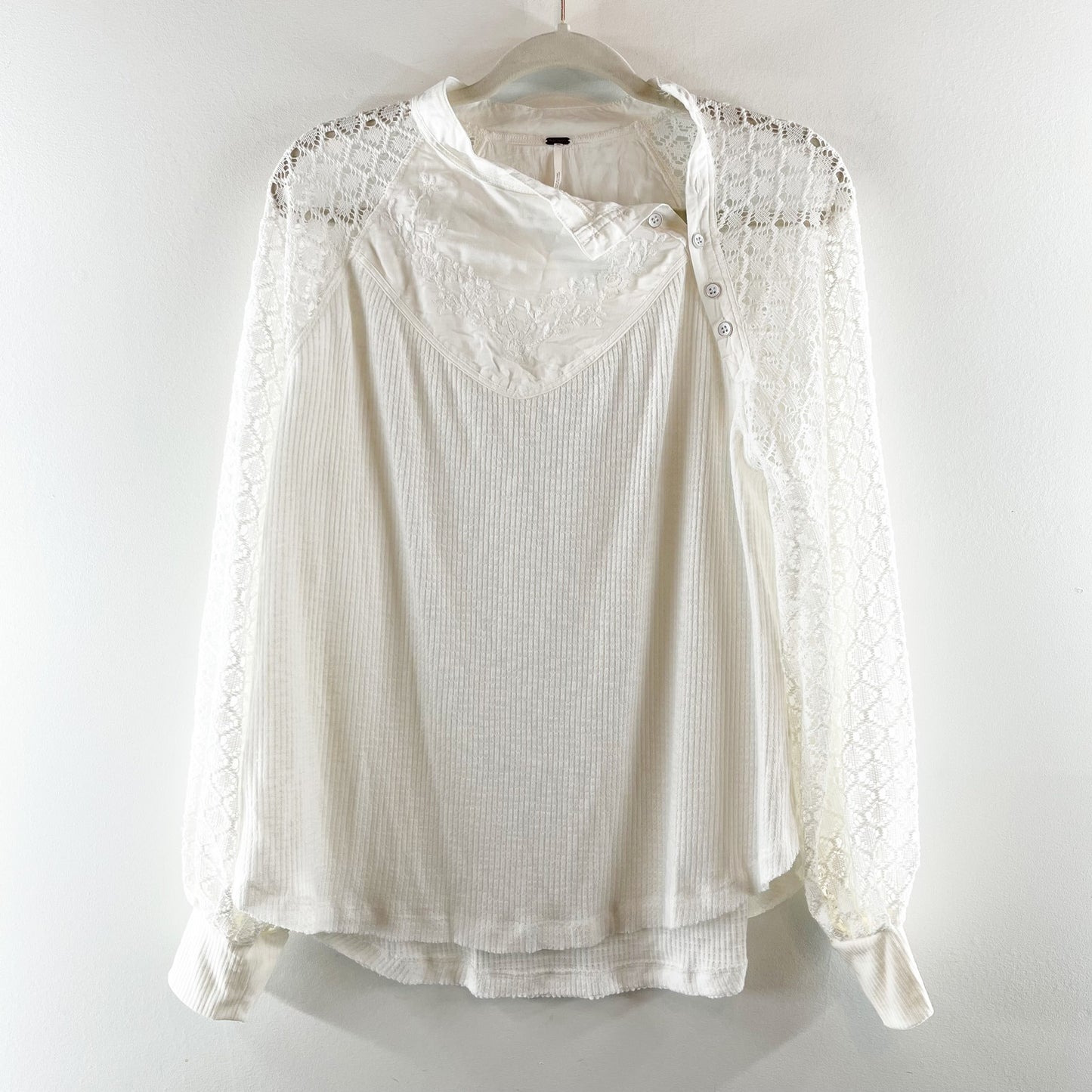 Free People Sweetest Thing Thermal Sheer Crochet Sleeve Top White Medium