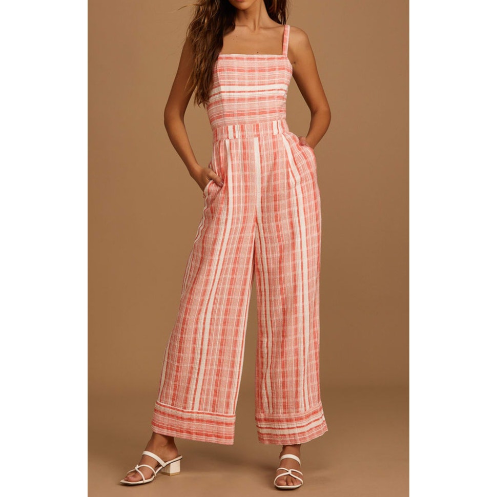 Lulus Sleeveless Coastal Living Red Striped Tie Back Wide Leg Jumpsuit Pink XS