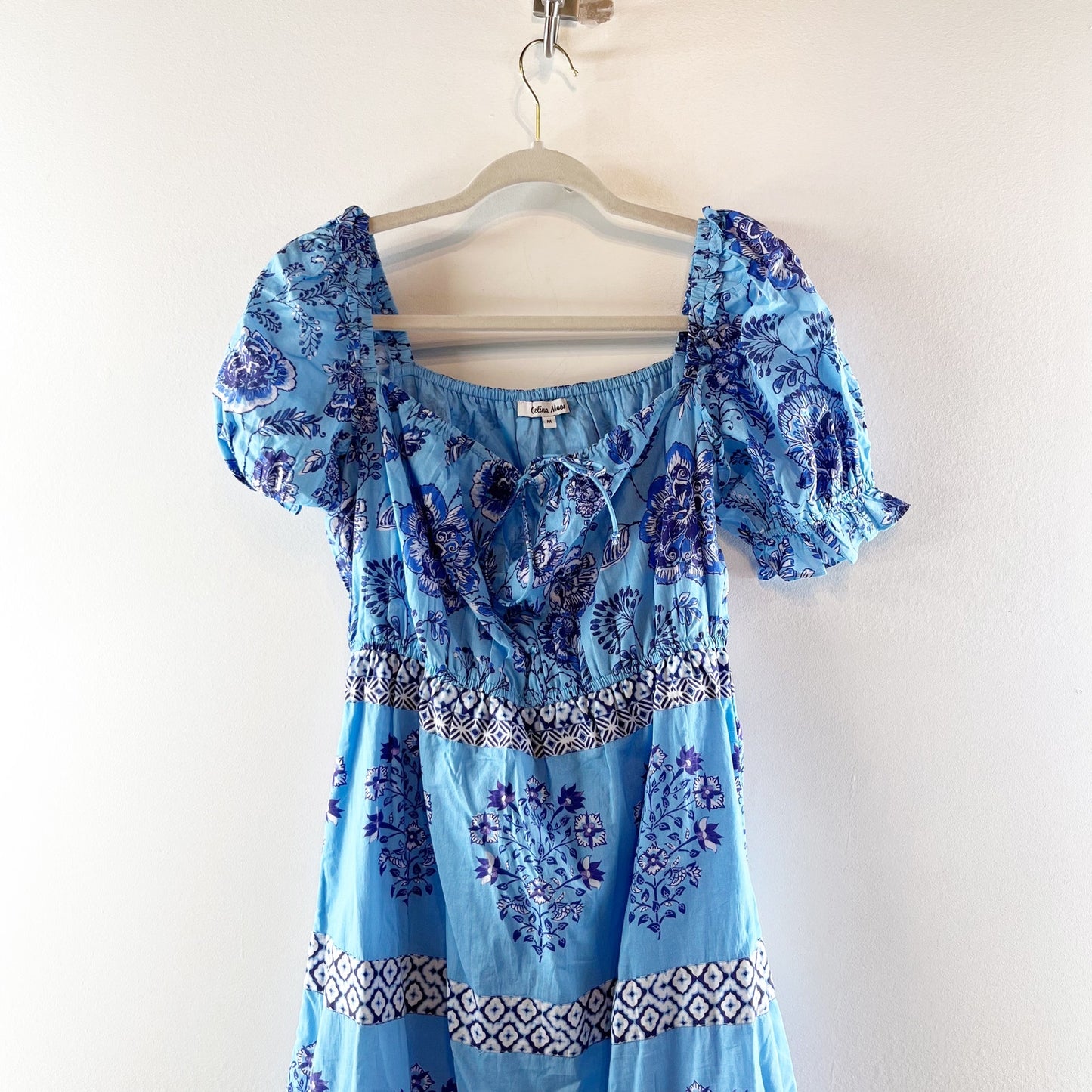 Celina Moon Short Puff Sleeve Printed Tie Front Maxi Dress Blue Medium