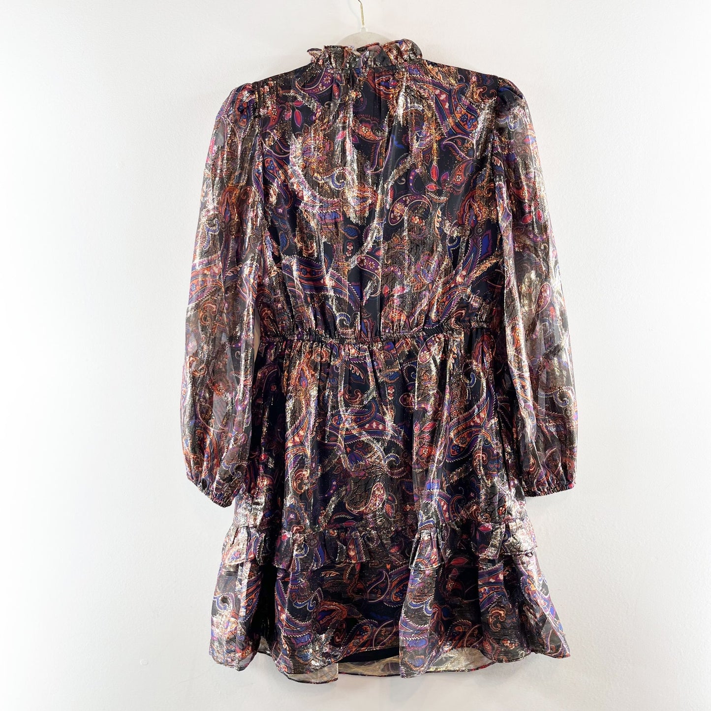 Vince Camuto Long Sleeve Chiffon Paisley Metallic Printed Mini Dress Purple 6