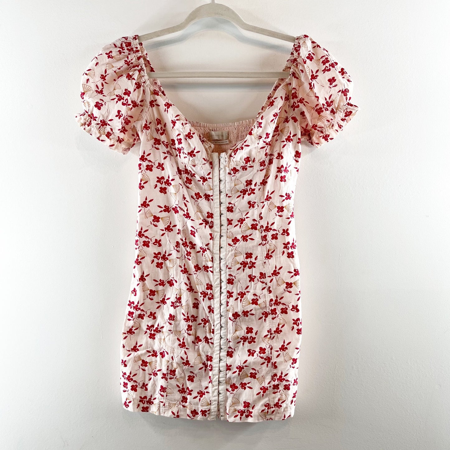 Urban Outfitters Britney Hook & Eye Puff Short Sleeve Mini Dress White Red Small