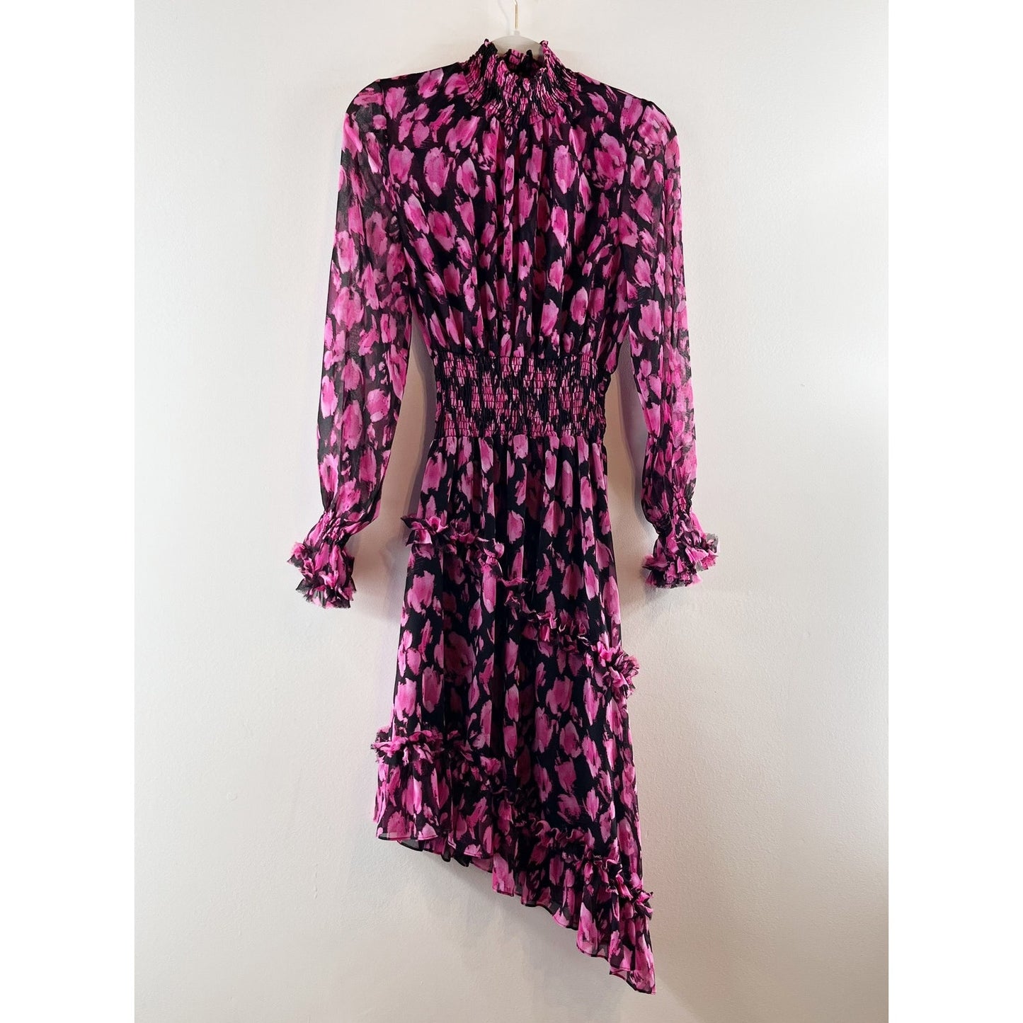 MISA Los Angeles Lupita Long Sleeve Asymmetrical Floral Mock Neck Dress Pink XS