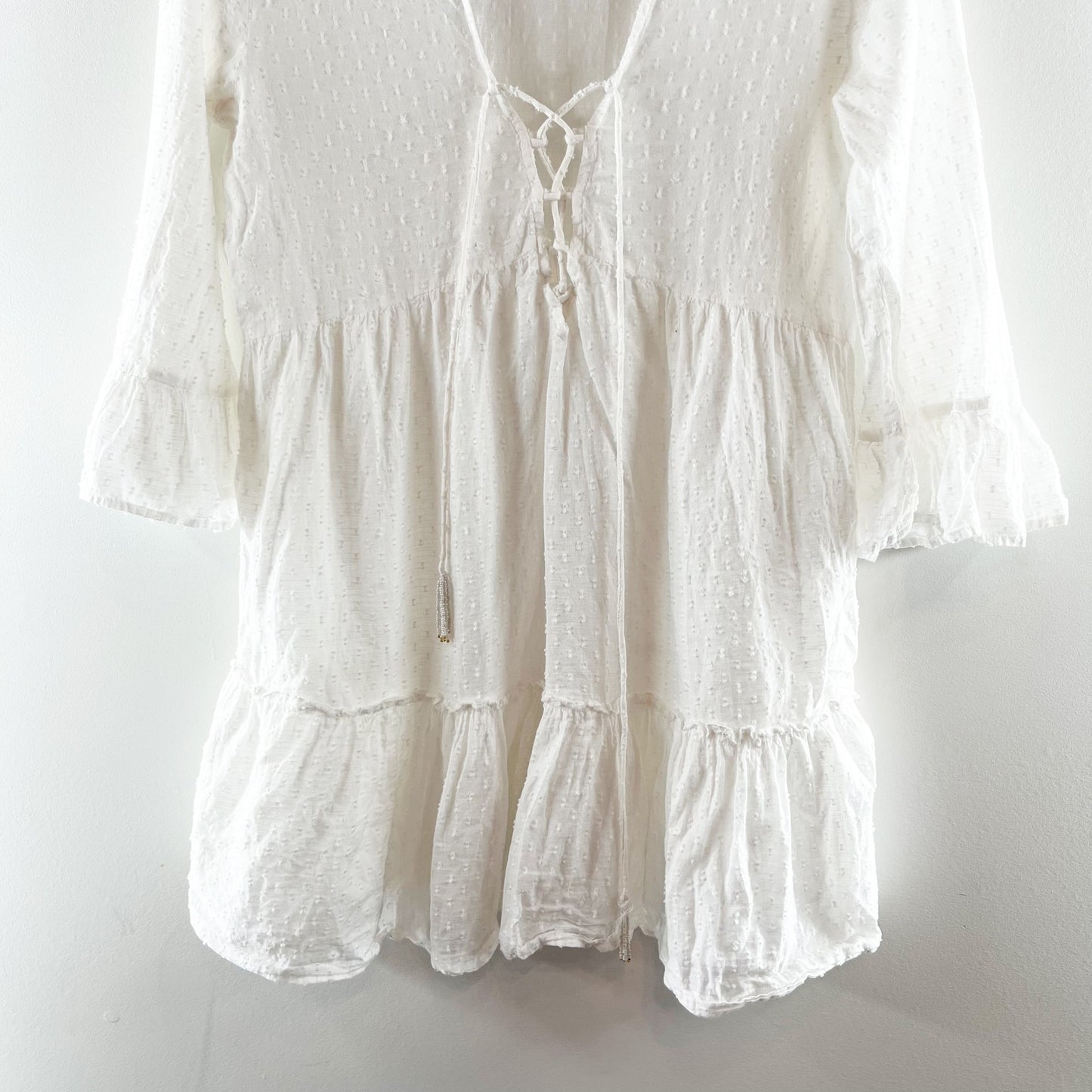 Blue Island Cotton 3/4 Sleeve Ruffle Hem Swim Cover Up White Small