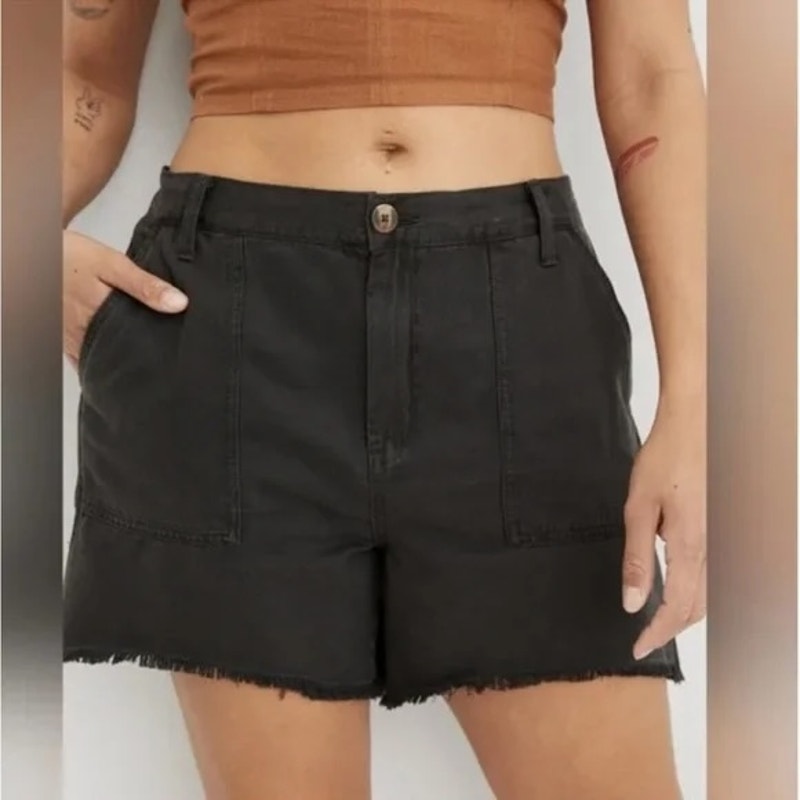 Aerie The Adventure High Rise Raw Hem Shorts Washed Black Small