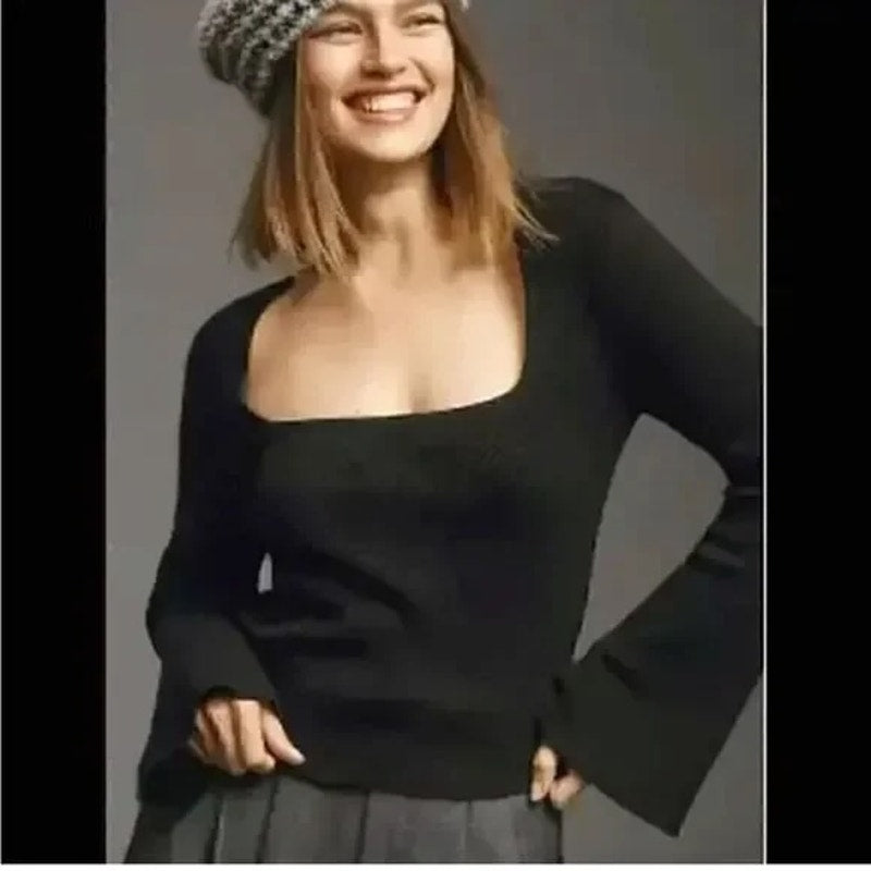 Maeve Anthropologie Square Neck Ribbed Bell Sleeve Sweater Black Medium