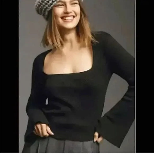 Maeve Anthropologie Square Neck Ribbed Bell Sleeve Sweater Black Medium