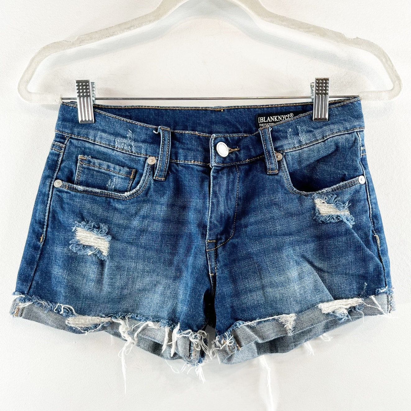 Blank NYC The Fulton Distressed Cutoff Mid Rise Jean Shorts Blue 25