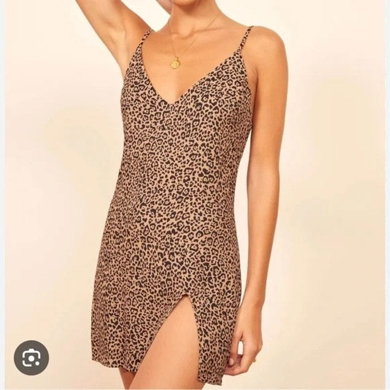 Reformation Marlowe Leopard Print Mini Slip Dress Brown Black XS
