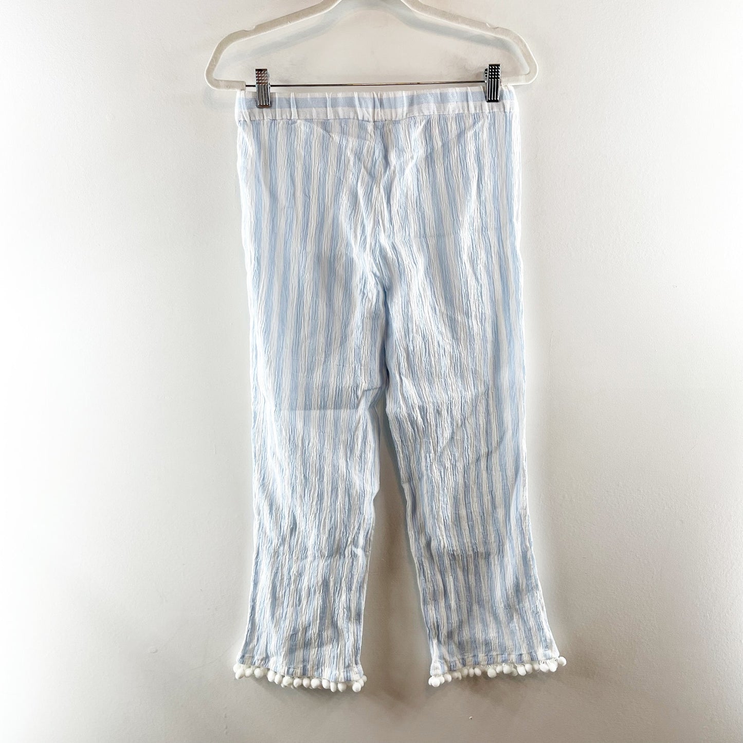 J. Crew 100% Cotton Striped Pompom Hem Cropped Pants Blue White Small