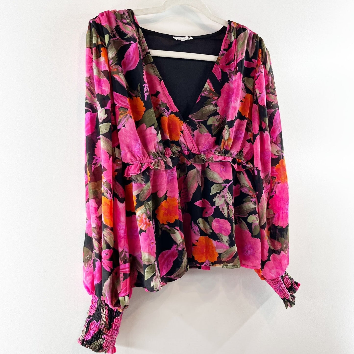 Blu Pepper Floral Print Long Sleeve Ruffle Trim Surplice Neck Blouse Pink Large