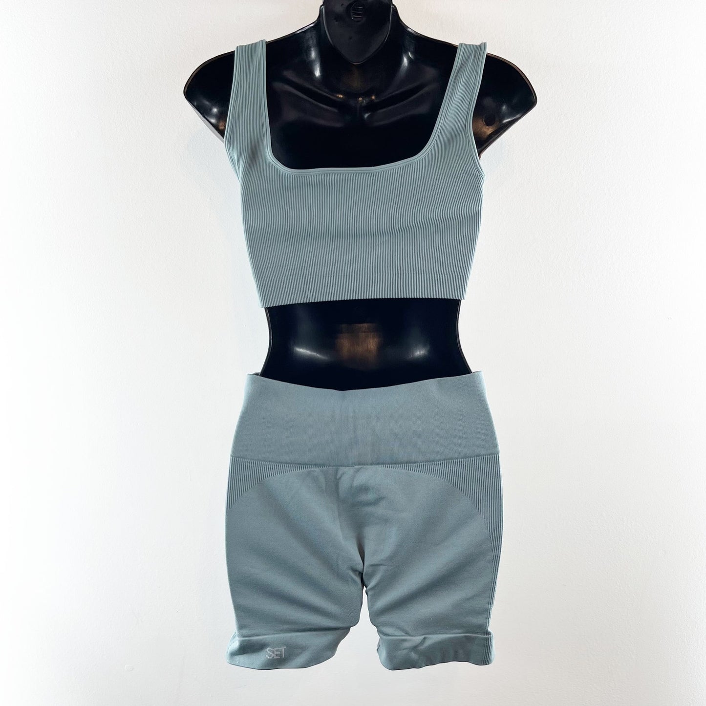 SET Active Sculptflex Power Ribbed Sports Bra Bike Short Set Muted Blue Large