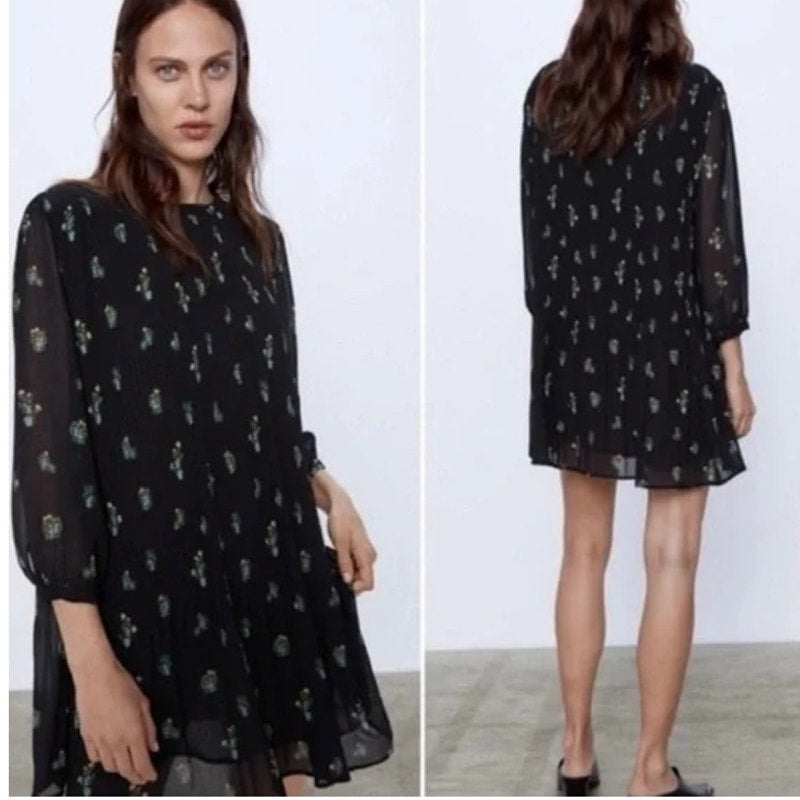 Zara Cactus Print 3/4 Sleeve Crew Neck Plisse Pleated Mini Dress Black Small