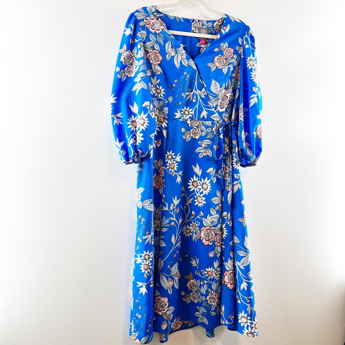 Vince Camuto Floral 3/4 Sleeve Faux Wrap Midi Dress Blue 10