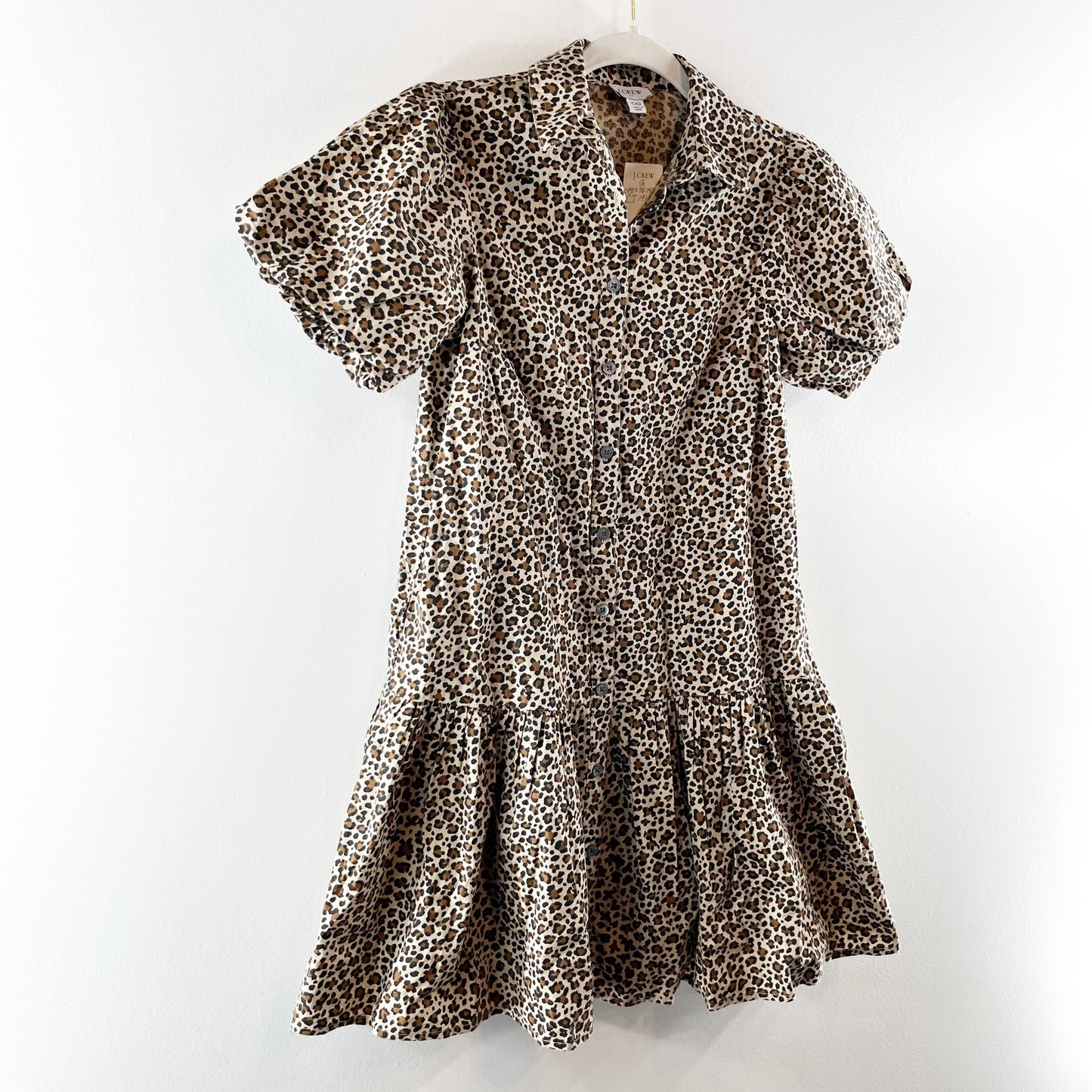 J. Crew Bubble Short Puff Sleeve Button Up Drop Waist Leopard Print Mini Dress