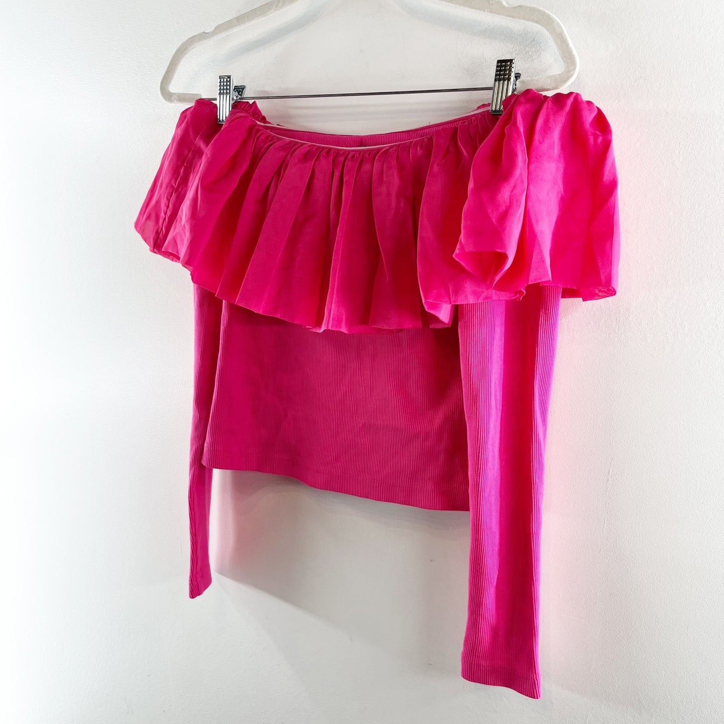 By Anthropologie Off-The-Shoulder Organza Ruffle Blouse Top Pink Small