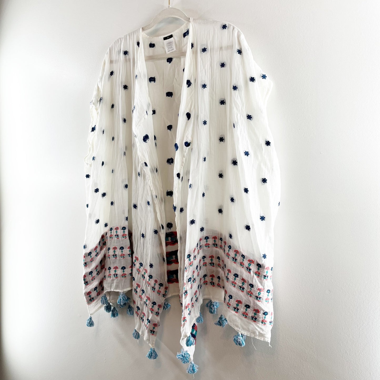 J. Crew Embroidered Tassel Trim Cotton Boho Beach Cover Up Poncho White