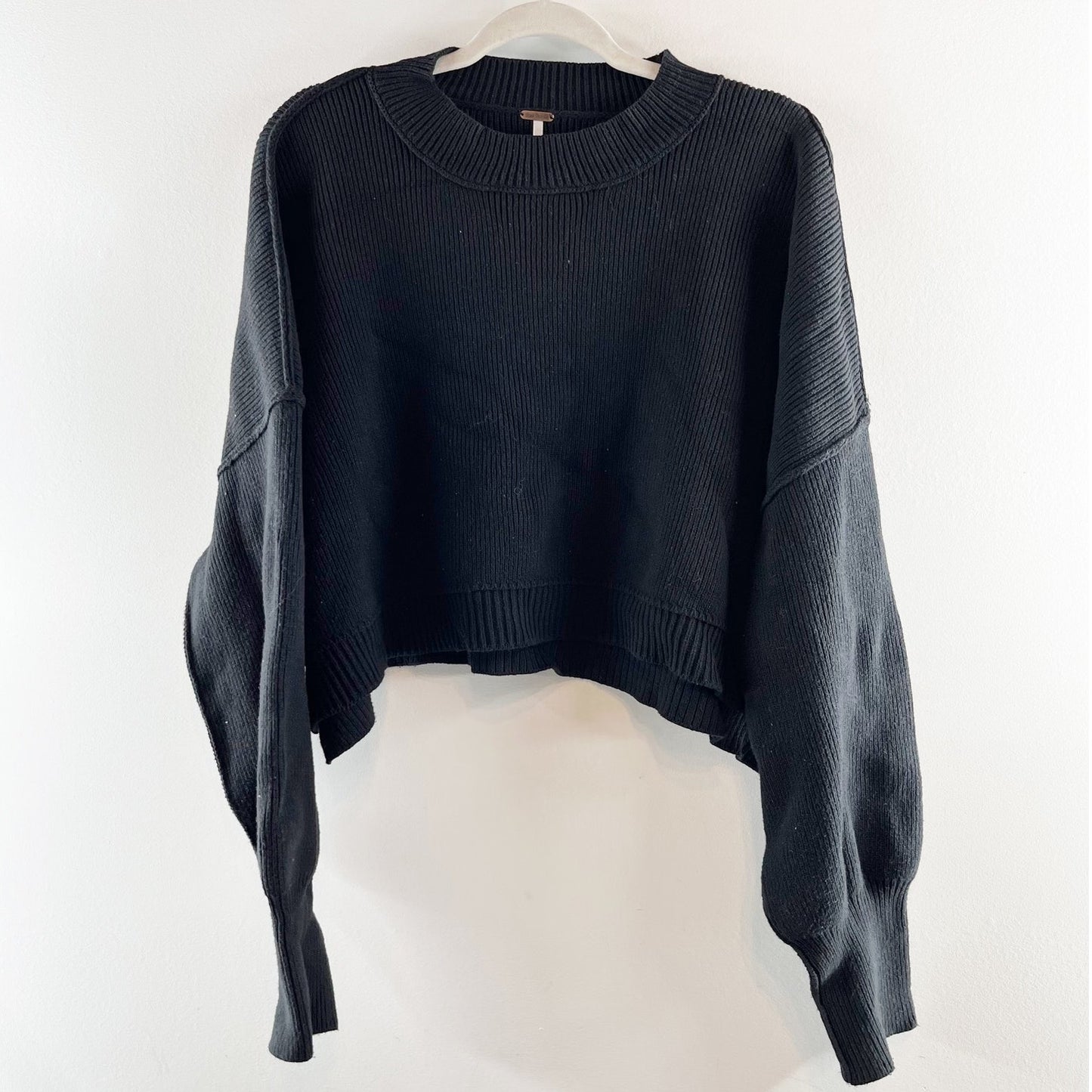 Free People Easy Street Cropped Long Sleeve Sweater Black Large