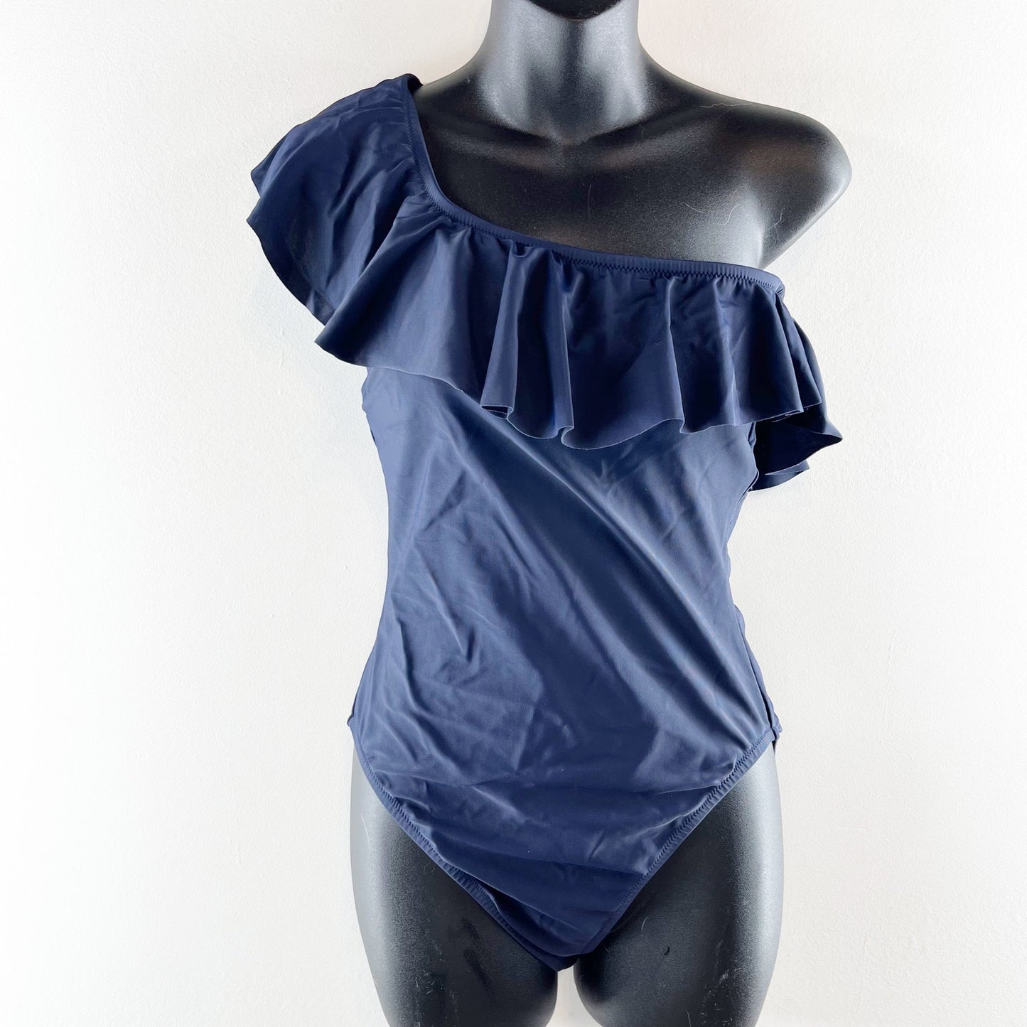 J. Crew One Shoulder Ruffle Trim One Piece Bathing Suit Navy Blue Medium