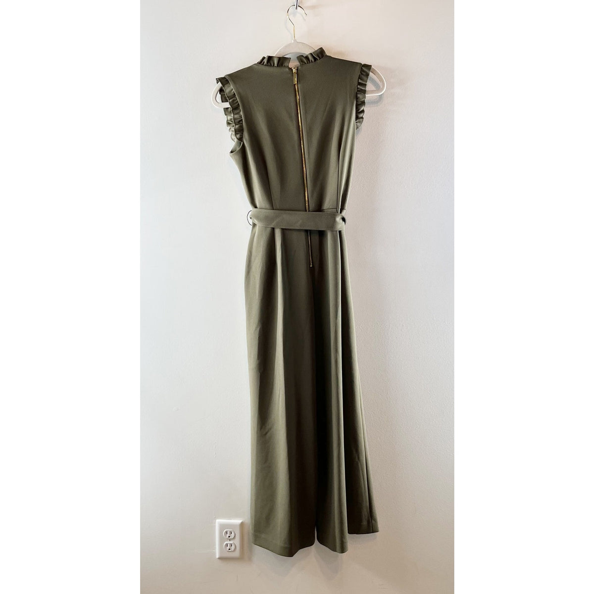 Calvin Klein Ruffle V-Neck Belted Wide Leg Cropped Jumpsuit Olive Green 2