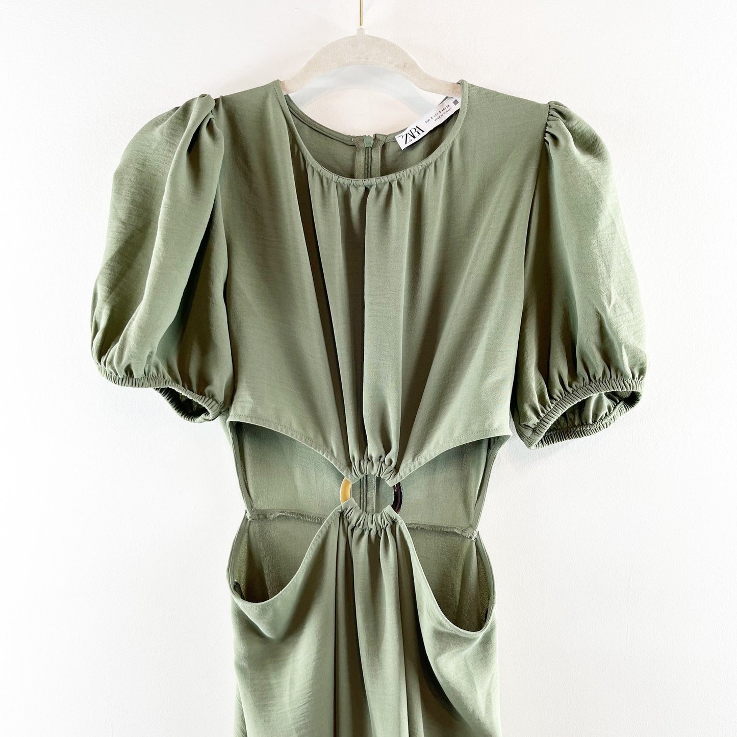 Zara Short Puff Sleeve Round Neck Cut Out A-Line Midi Dress Green Small