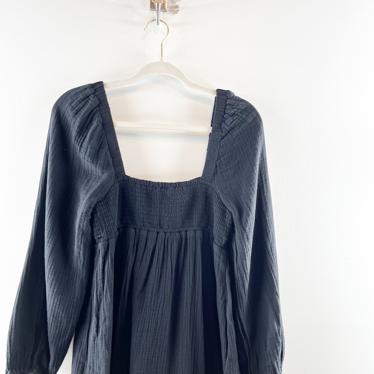 J. Crew Soft Gauze Cotton Long Sleeve Smocked Square-Neck Mini Dress Black XS
