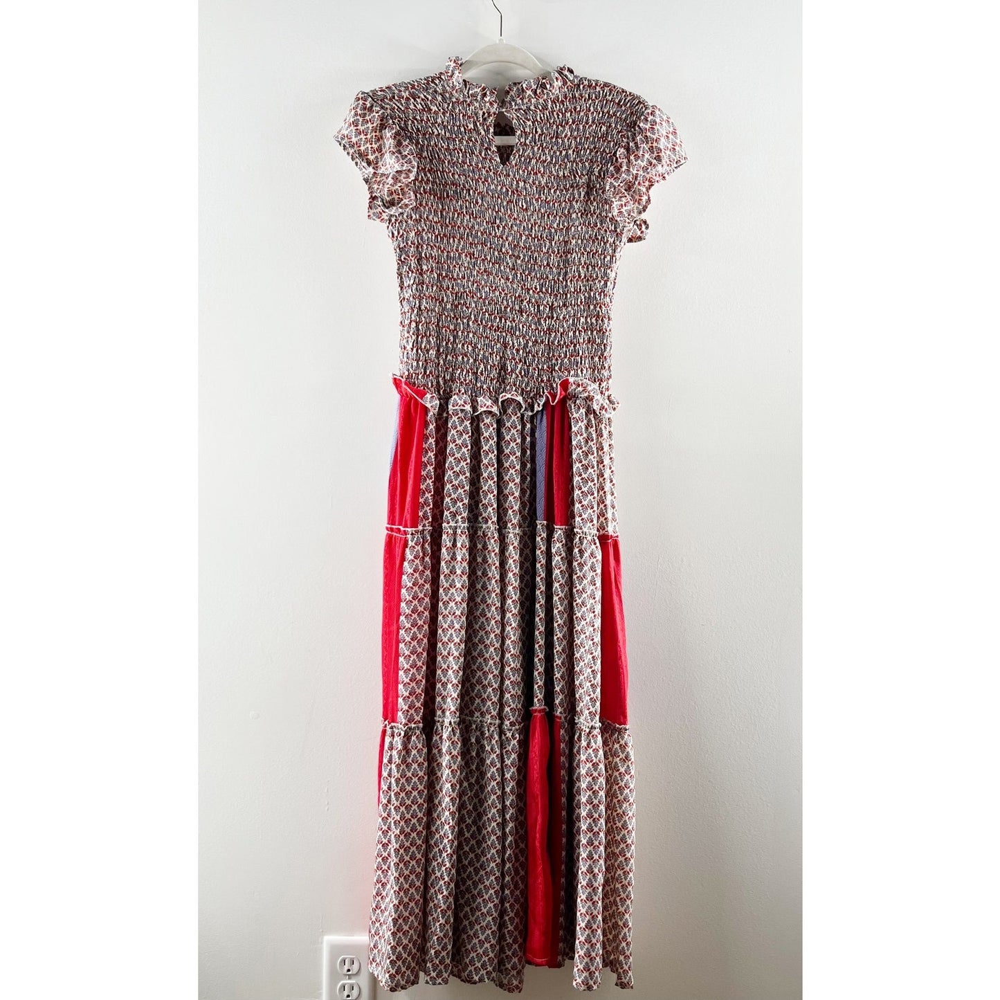 Perry Walker Collective Drop Waist Smocked Patchwork Maxi Dress Red Small