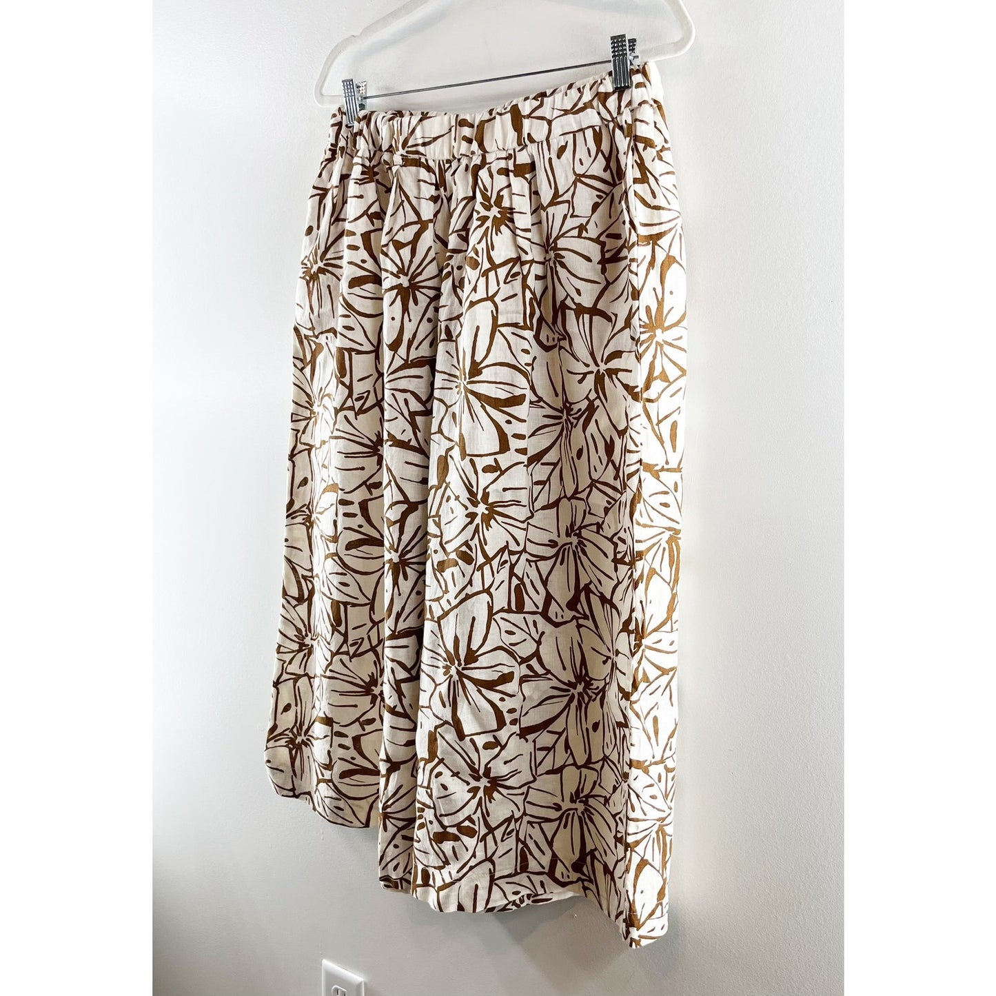 Magaschoni Linen Floral Pull On High Waisted Cropped Wide Leg Pants Brown Large