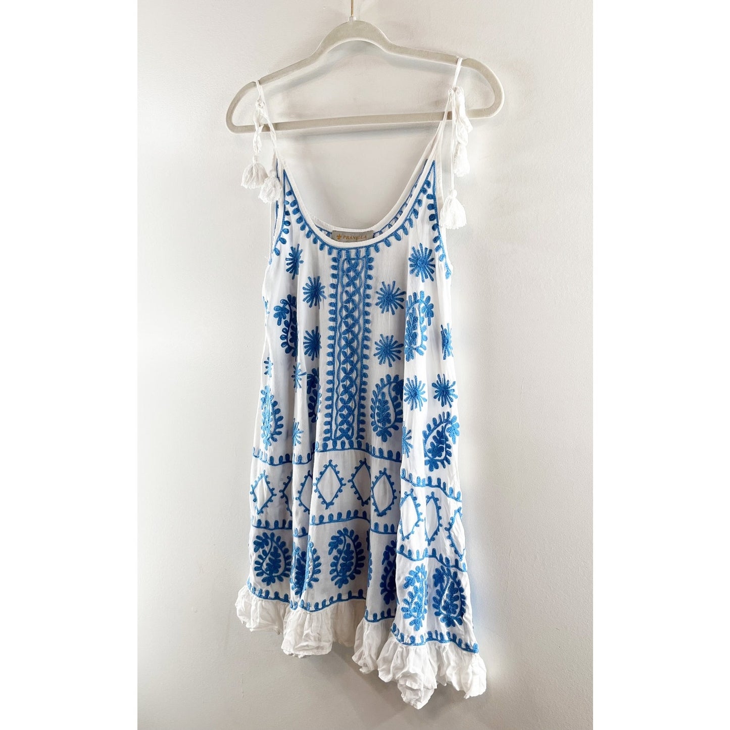 Pranella Tie Strap Embroidered Swim Mini Cover Up Dress White Blue Small