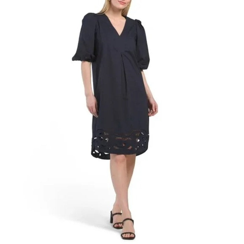 ForCynthia Puff Sleeve V Neck Tunic Cotton Poplin Mini Dress Navy Blue Large